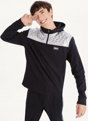 Black DKNY Silver Contrast 1/2 Zip Men's Hoodies | Malaysia_D1588