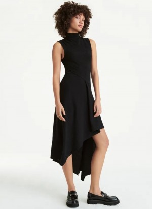 Black DKNY Sleeveless Asymmetrical Rib Hacci Midi Women's Dress | Malaysia_D1938