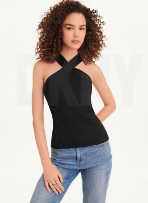 Black DKNY Sleeveless Crossover Women's Sweaters | Malaysia_D1754