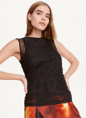 Black DKNY Sleeveless Double Mesh Layer Women's Tank Top | Malaysia_D1489