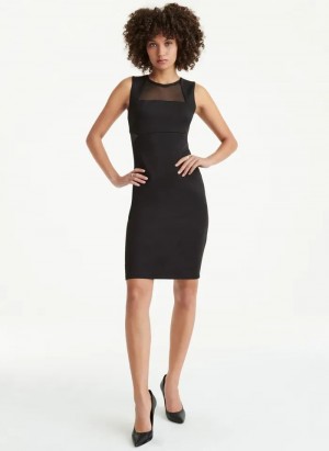 Black DKNY Sleeveless Scuba With Mesh Midi Women's Dress | Malaysia_D1017
