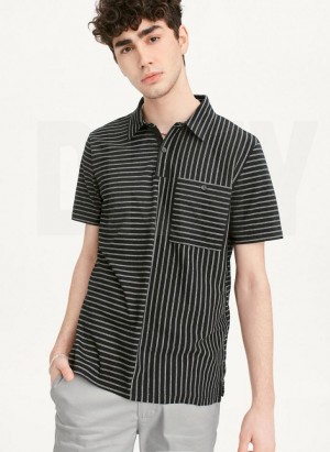 Black DKNY Slub Jersey Stripe Polo Men's T Shirts | Malaysia_D0558