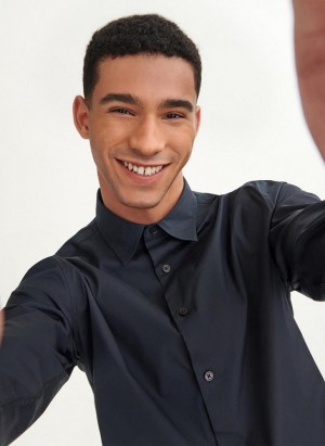 Black DKNY Solid Woven Men's Shirts | Malaysia_D1093