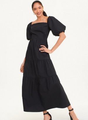 Black DKNY Square Neck Tiered Poplin Women's Dress | Malaysia_D0742