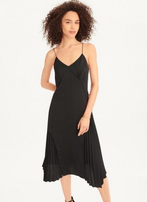Black DKNY V-neck Asymmetrical Pleated Women's Dress | Malaysia_D1903