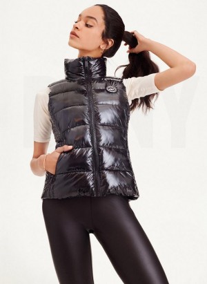 Black DKNY Wet Token Logo Puffer Vest Women's Coats | Malaysia_D1085