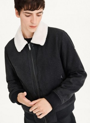 Black DKNY Wool Blend Bomber With Sherpa Collar Men's Jackets | Malaysia_D1292