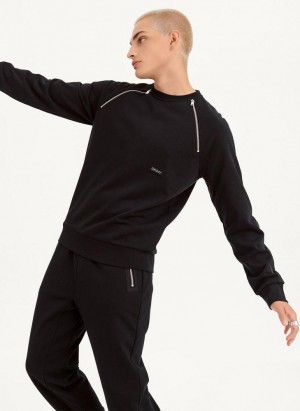 Black DKNY Zipper Detail Crewneck Men's Sweatshirts | Malaysia_D1279