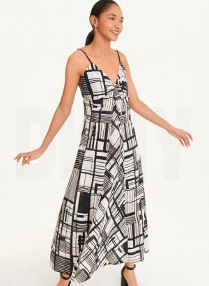Black Multicolor DKNY Tie Front Voile Women's Dress | Malaysia_D1988