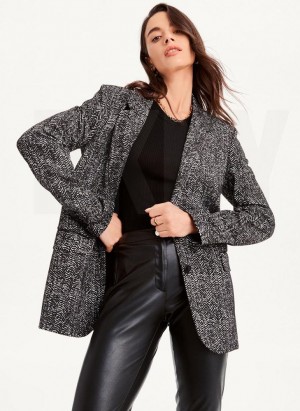 Black White DKNY Long Sleeve Trim Tailored Women's Jackets | Malaysia_D1552