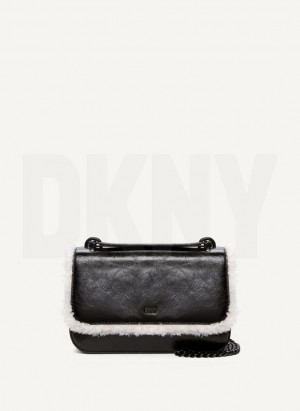 Black / Beige DKNY Sina Sherpa Trim Flap Women's Shoulder Bags | Malaysia_D1870