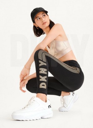 Black / Gold DKNY High Waist Full Length High Density Logo Women's Leggings | Malaysia_D1047