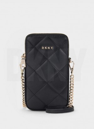 Black / Gold DKNY Quilted Phone Crossbody Women's Wallets | Malaysia_D1971
