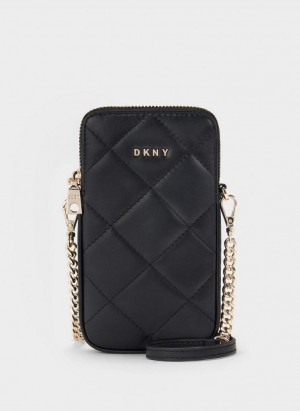 Black / Gold DKNY Quilted Phone Women's Crossbody Bags | Malaysia_D0469