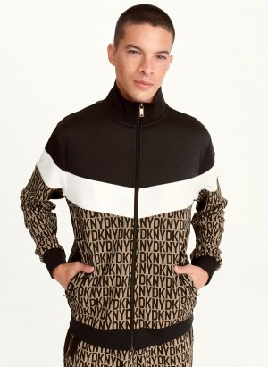 Black / Khaki DKNY Colorblock Logo Track Jacket Men's Sweatshirts | Malaysia_D0537