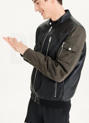 Black / Olive DKNY Mixed Media Faux Leather Bomber Men's Jackets | Malaysia_D1484