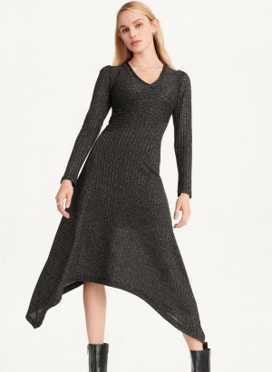 Black / Silver DKNY Sparkle Ribbed Midi Women's Dress | Malaysia_D1645
