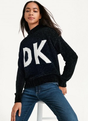 Black / White DKNY Chunky Chenille Logo Women's Sweaters | Malaysia_D1068