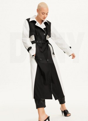 Black / White DKNY Colorblock Crinkle Trench Women's Jackets | Malaysia_D1153