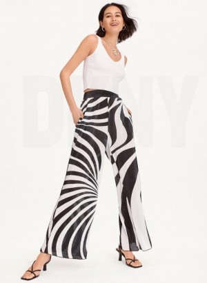 Black / White DKNY High Waisted Pleated Flare Women's Pants | Malaysia_D0441