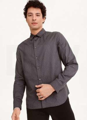 Black / White DKNY Long Sleeve Interlocking Logo Men's Shirts | Malaysia_D0648