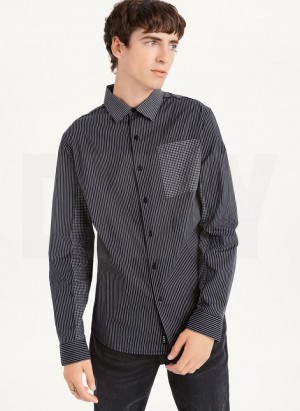 Black / White DKNY Plaid Striped Men's Shirts | Malaysia_D0639