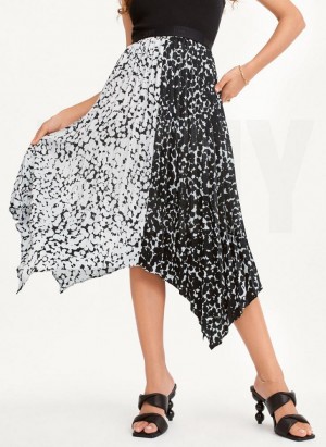 Black / White DKNY Printed Asymmetrical Women's Skirts | Malaysia_D1745