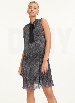 Black / White DKNY Sleeveless Pleated Tie Neck Women's Dress | Malaysia_D0706