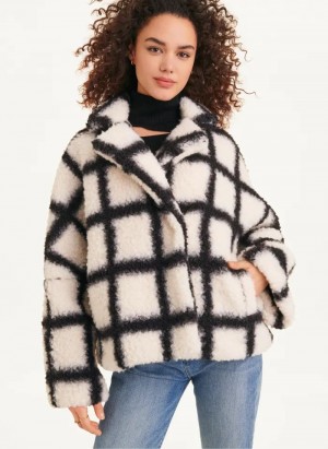 Black / White DKNY Windowpane Sherpa Women's Jackets | Malaysia_D1506