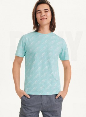 Blue DKNY Allover Stripe Logo Men's T Shirts | Malaysia_D0379