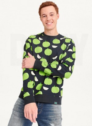 Blue DKNY Apple Print Long Sleeve Crew Neck Men's Sweatshirts | Malaysia_D0785