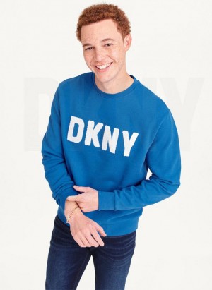 Blue DKNY Chenille Logo Crewneck Men's Sweatshirts | Malaysia_D1616