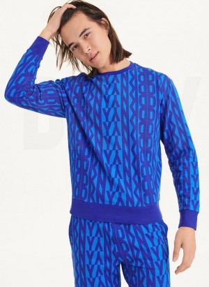Blue DKNY Exploded Allover Logo Crew Men's Sweatshirts | Malaysia_D1256