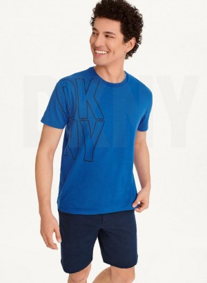 Blue DKNY Exploded Logo Outline Men's T Shirts | Malaysia_D0794