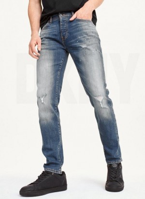 Blue DKNY Paint Splatter Slim Men's Jeans | Malaysia_D1077
