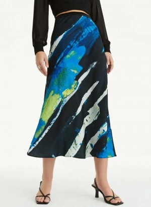 Blue DKNY Pull On Print Satin Midi Women's Skirts | Malaysia_D0447