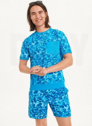 Blue DKNY Water Print Crew Men's T Shirts | Malaysia_D1904