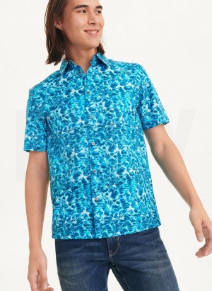 Blue DKNY Water Print Men's Shirts | Malaysia_D0135
