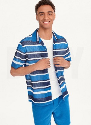 Blue Multicolor DKNY Mesh Stripe Camp Men's Shirts | Malaysia_D0422