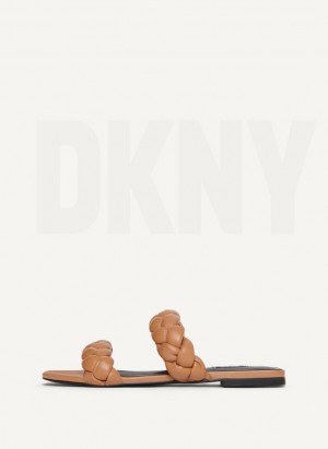 Brown DKNY Braided Double Strap Women's Slides | Malaysia_D0663