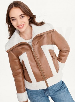 Brown DKNY Faux-Suede Shearling Trim Biker Women's Jackets | Malaysia_D1711