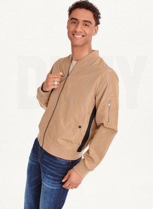 Brown DKNY Logo Tape Bomber Men's Jackets | Malaysia_D1191