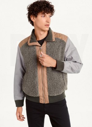 Brown DKNY Mixed Media Sherpa Bomber Men's Jackets | Malaysia_D0714