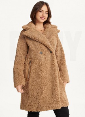 Brown DKNY Oversized Long Sherpa Women's Coats | Malaysia_D1728