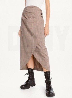 Brown DKNY Plaid Midi Women's Skirts | Malaysia_D1733