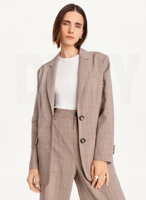 Brown DKNY Plaid Women's Blazers | Malaysia_D0743