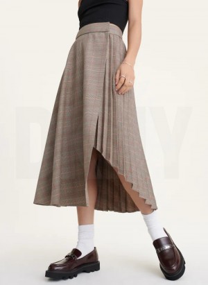 Brown DKNY Pleated Wrap Midi Women's Skirts | Malaysia_D0645