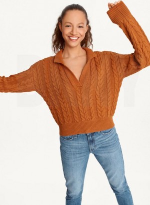 Brown DKNY Polo Cable knit Women's Sweaters | Malaysia_D1204