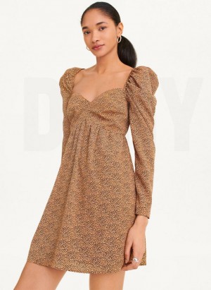Brown DKNY Printed V-Neck Women's Dress | Malaysia_D1486