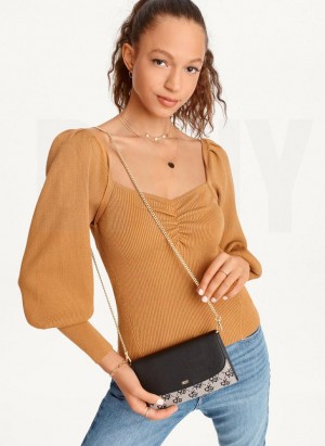 Brown DKNY Puff-Sleeve Sweatheart Women's Sweaters | Malaysia_D0897